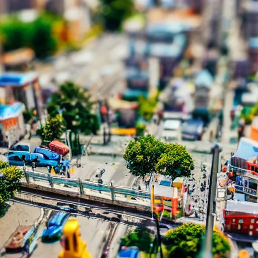 Prompt: tiny miniature anime city, trafic, beautiful, people, sunny, depth of field, tilt shift effect