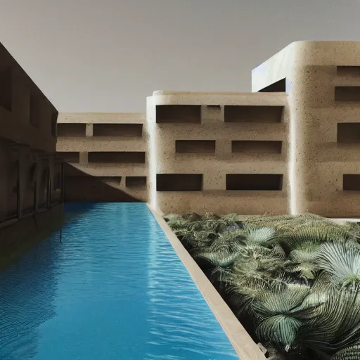 Image similar to brutalism conceptual hotel in the desert, biophilia mood, pool, garden, highly detailed, cinematic, photorealistic,