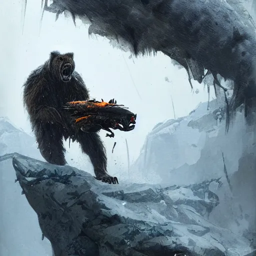 Image similar to An image of The predator from Prey Movie, attacking the bear, Greg Rutkowski, Ditigal Art, trendstation