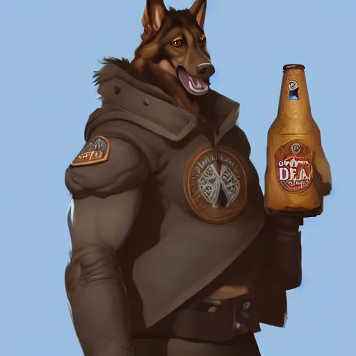 Image similar to a humanoid german shepherd beast - man in military style, holding a bottle of beer, artstation, concept art, smooth, sharp foccus ilustration, artstation