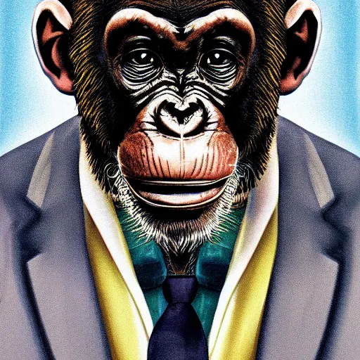 Image similar to a high detail portrait of a chimp wearing a suit 👔,and smoking🚬