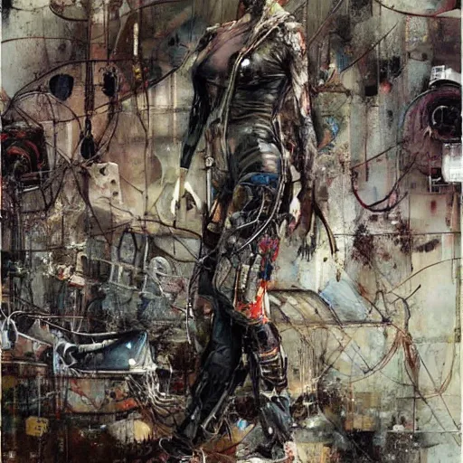 Prompt: mad max wires cybernetic implants, abandoned steelworks, grime and grunge, in the style of adrian ghenie, esao andrews, jenny saville,, surrealism, dark art by james jean, takato yamamoto