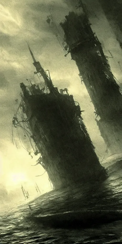 Image similar to an old ship on the bottom of the ocean that sunk long ago. mysterious, intimidating, haunted. horror movie screencap. epic. trending on artstation