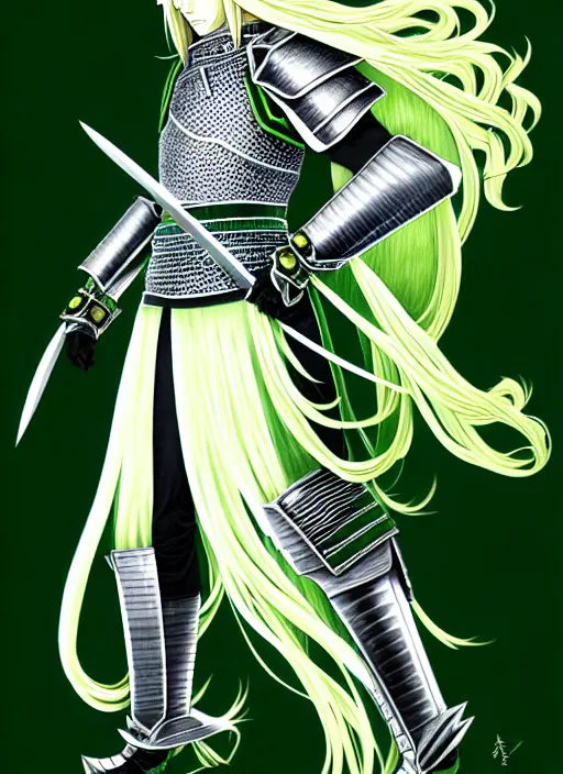 Image similar to a detailed manga full body portrait illustration of a man with long blonde hair wearing bladed jade green armour by hirohiko araki, detailed artwork, realism, 4 k resolution, detailed, high quality, sharp focus, hq artwork, insane detail, volumetric lighting, character concept art, fine details, clear subject, central subject