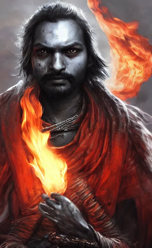 Prompt: Ultrawide Portrait of a Very handsome Indian with fire in his eyes, Bloodborne concept art, trending on Artstation, photorealistic image, 8k