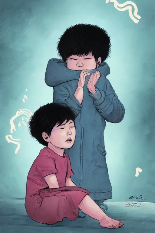 Image similar to child without dream, just sit and cry, art by jacqueline e, color by sam wilde and background by bo feng lin