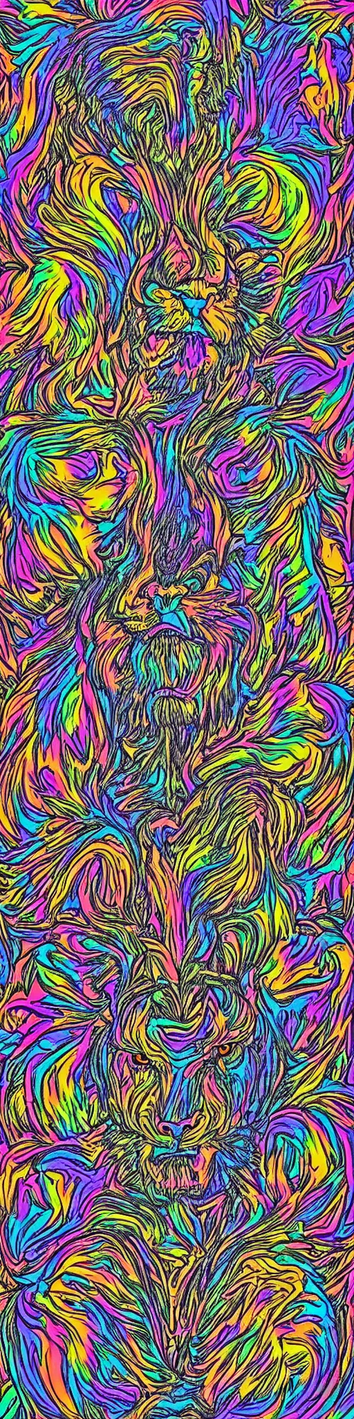 Image similar to tiger lion and bear dissolving into neon pieces, cubensis, aztec, basil wolverton, r crumb, hr giger, mc escher, dali, muted colors, muted rainbow tubing, folds and creases, hills and bumps