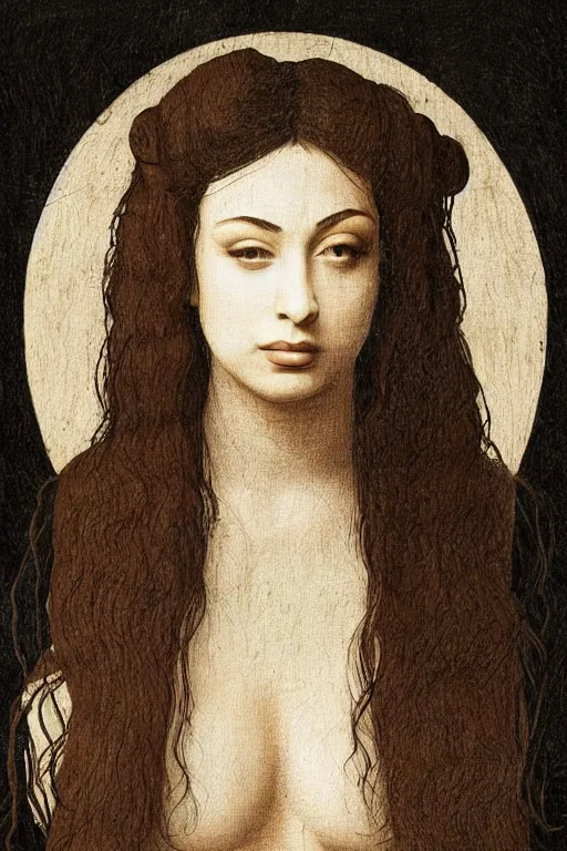 Image similar to a portrait of charli xcx in the style of leonardo da vinci drawing,, single head, no double head,