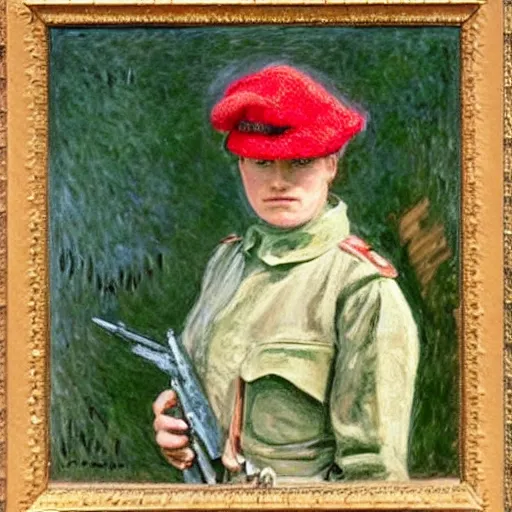 Image similar to a female soldier holding a a staple gun to her own head and looking depressed by monet