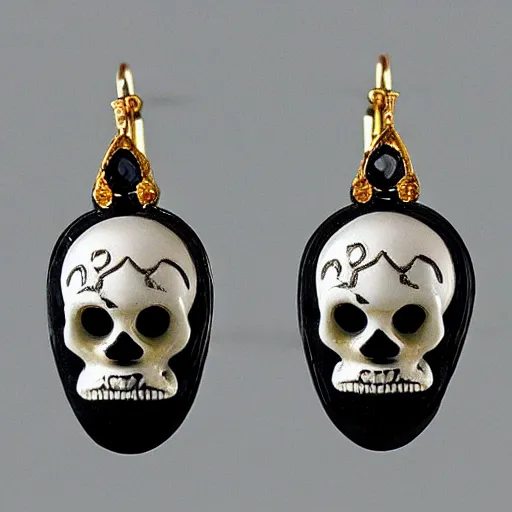 Prompt: artnouveau skull earrings made by René lalique in black, white and emerald and gold