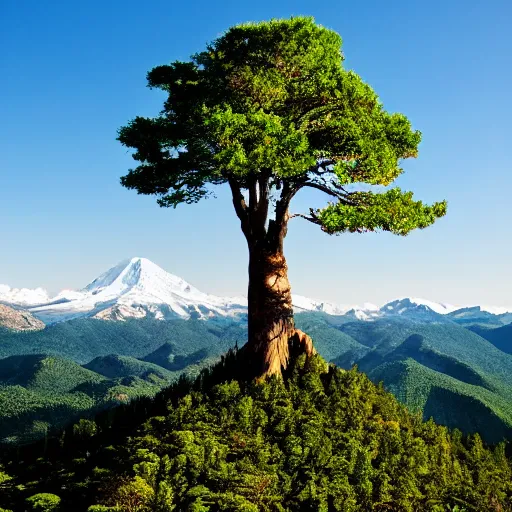 Image similar to A mountain with a giant tree on the top,