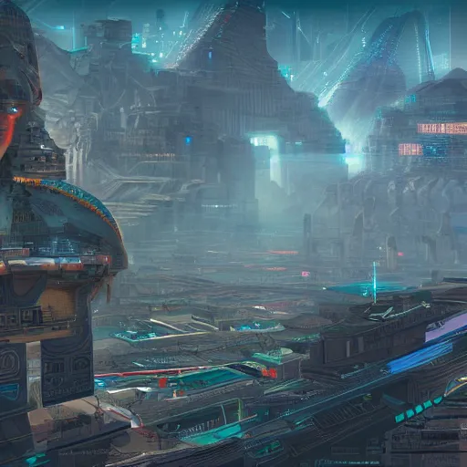 Image similar to an aerial scene of the beautiful intricate epic futuristic cybernetic sphinx in a cyberpunk pharaoh city, floating pyramids in the background, hyper detailed, cinematic lighting