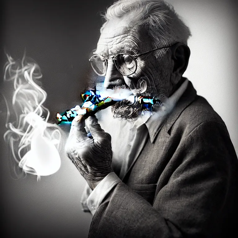 Image similar to a intricately detailed portrait of an old man, smoking a lit perfectly symmetrical cuban cigar, looking at a case of freshly opened monti cristo cigars, cinematic photography, smoke rising like clouds, beautifully symmetrical, super resolution, cgi, trending on art station, volumetric lighting & shadows, hyper detailed, 8 k, unreal engine, canon 2 0 0 mm,