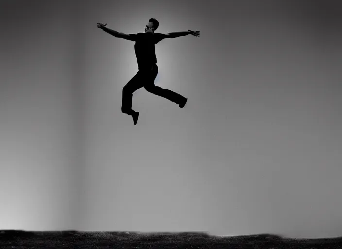 Prompt: Award winning Editorial photo of a man jumping 20 feet into the air during an eclipse Lee Jeffries, 85mm ND 5, perfect lighting, gelatin silver process