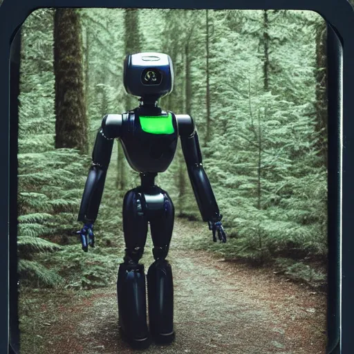 Image similar to Humanoid robot, sleek robot, advanced robot, walking through misty forest, Pacific Northwest, Polaroid