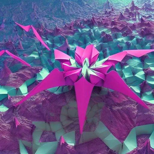 Image similar to an epic flowering alien landscape in the style of origami, 8 k, cinematic light, artstation