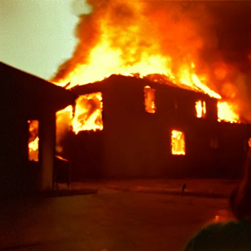 Image similar to a movie scene of a burning house, a man standing and watching the house while it's burning, by Roger Deakins, by Stanley Kubrick, cinestill 800t, HD, high detail, trending on artstation