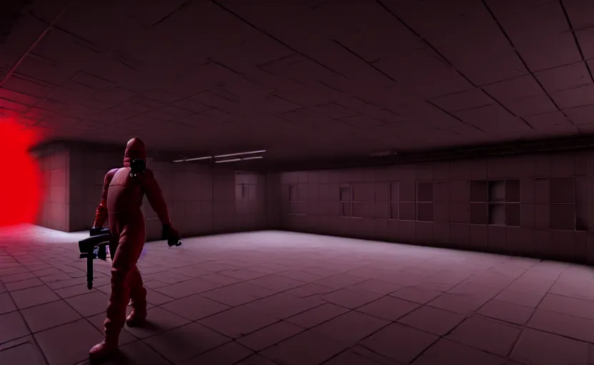 Image similar to in-game screenshot of a dark red hazmat scientist holding a gun walking on unreal engine 5, in a liminal underground garden, photorealistic, octane render, retrofuturism, brutalism, staggered terraces, minimalist