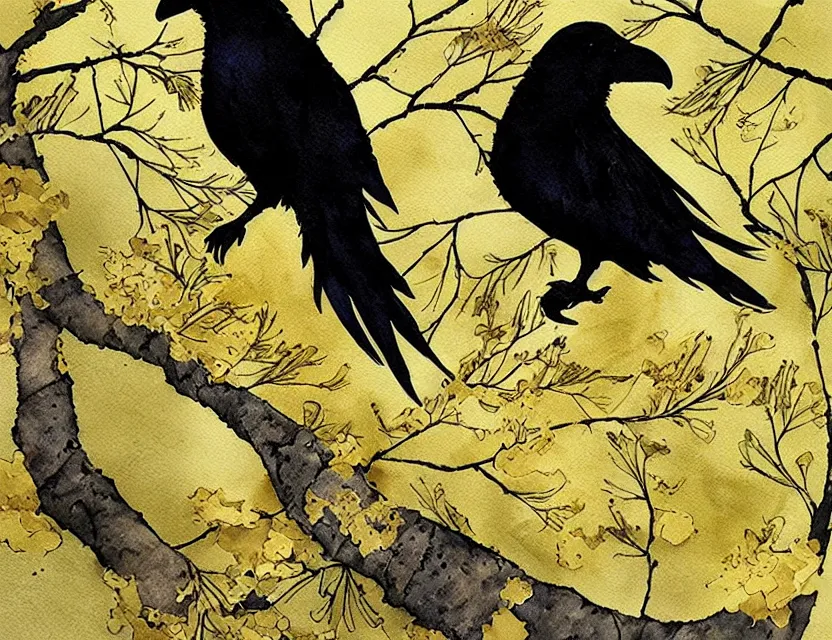 Prompt: faerie raven in a gingko tree. this watercolor and gold leaf work by the award - winning mangaka has a beautiful composition and intricate details.