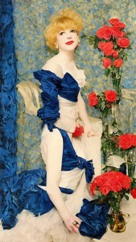 Image similar to portrait of young julee cruise in detailed golden sleeve balloon dress beside a pot of red roses, a persian blue detailed curtain in back painted by john singer sargent