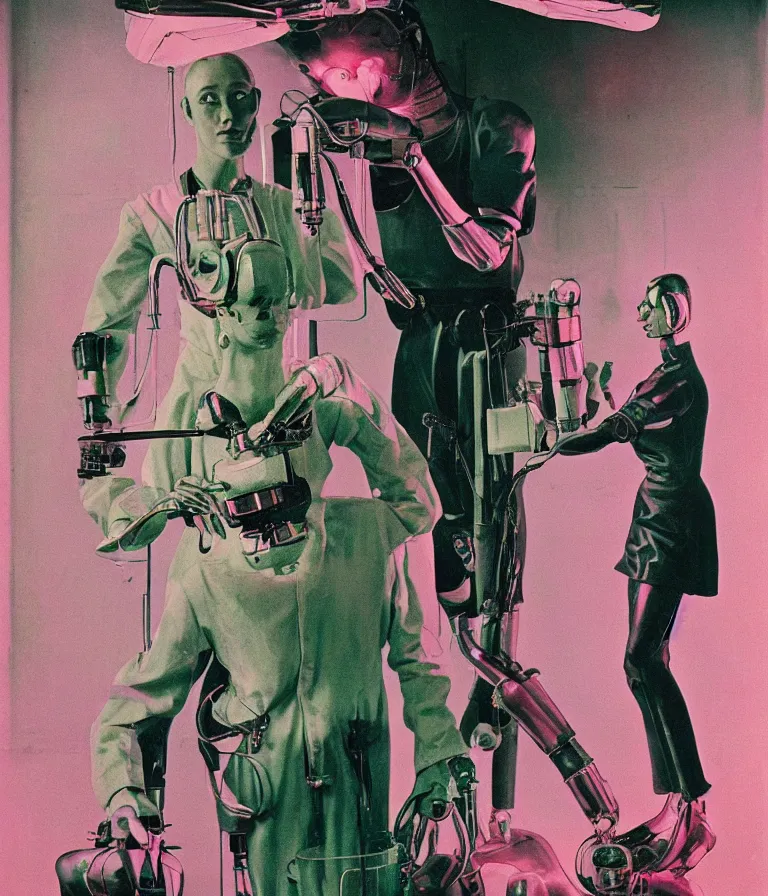 Prompt: a female mad scientist woman assembling a humanoid robotic man, in a darkly lit laboratory room, 1 9 5 0 s horror movie poster style, ( norman rockwell oil painting ), medium shot, close - up shot, retro science fiction, vintage, saturated pink and green lighting, shadowy lighting, cohesive