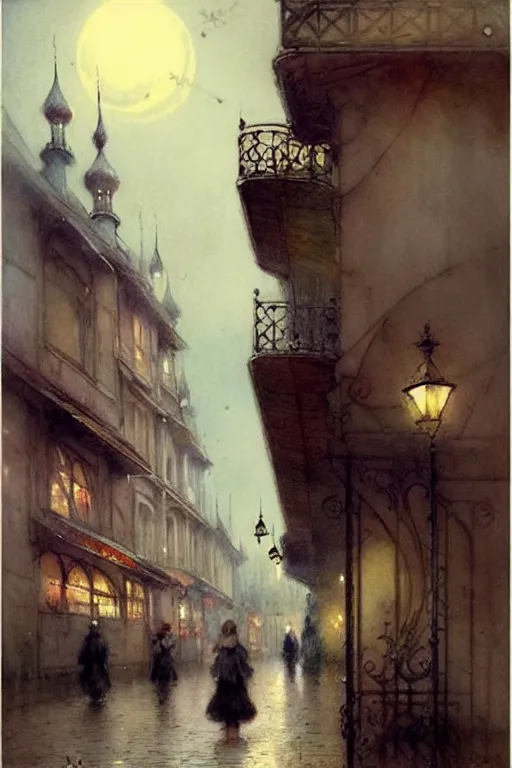 Image similar to (((((1950s fairy tale city at night . muted colors.))))) by Jean-Baptiste Monge !!!!!!!!!!!!!!!!!!!!!!!!!!!