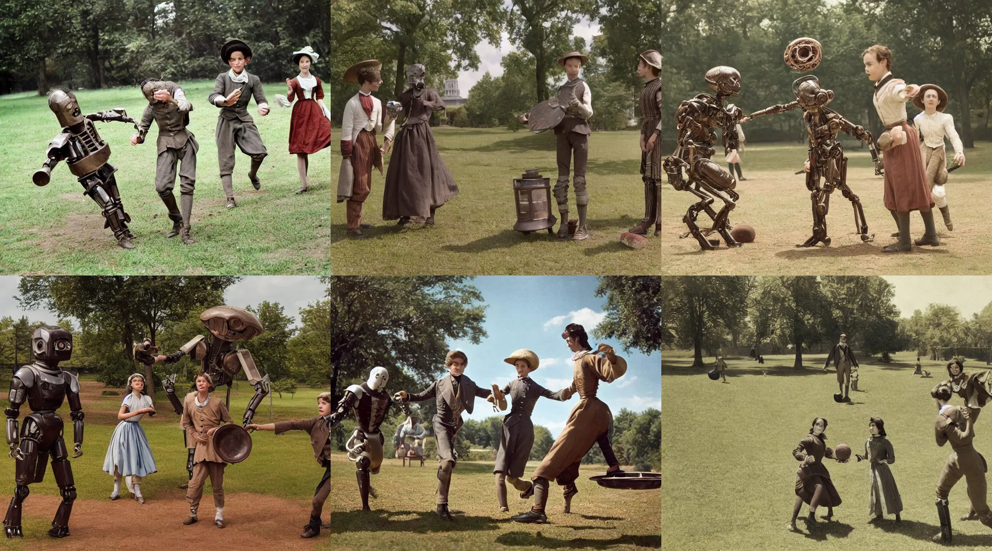 Prompt: detailed, sharp, a boy and a girl playing frisbee with two humanoid droids, wearing 1850s era clothes, in a park on an alien planet, extremely highly detailed, highly detailed faces, 70 mm film still from a period sci fi color movie, 4k, HD, good lighting