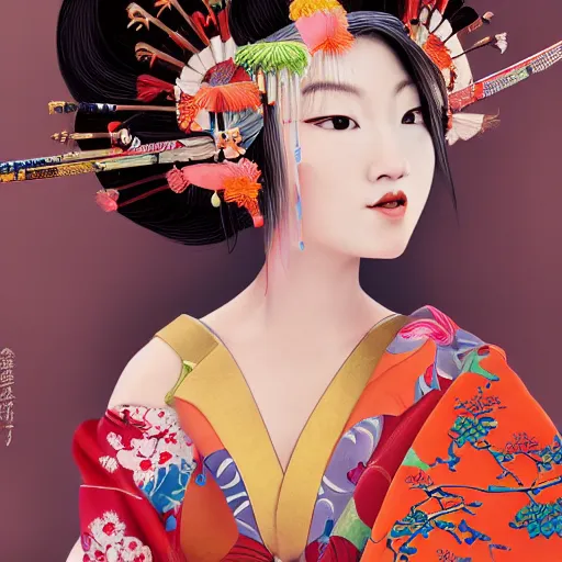 Image similar to Very very very very highly detailed epic central composition studio photography of A Japanese geisha in a colorful bikini, intricate, medieval, extremely detailed, digital painting, artstation, concept art, smooth, sharp focus, illustration, studio lighting, incredible art by Anna Dittmann and Anton Pieck