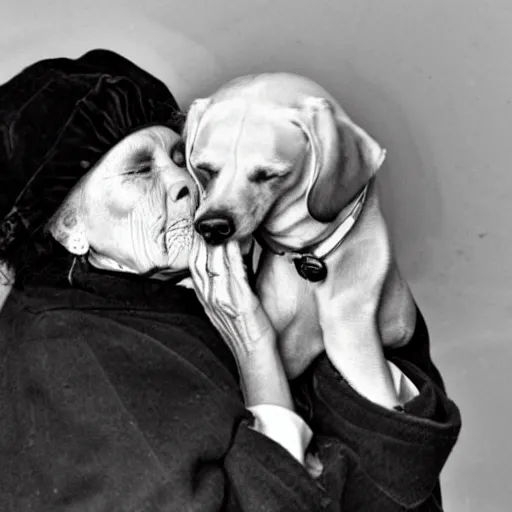 Prompt: an absurdist image of an old woman swallowing a dog