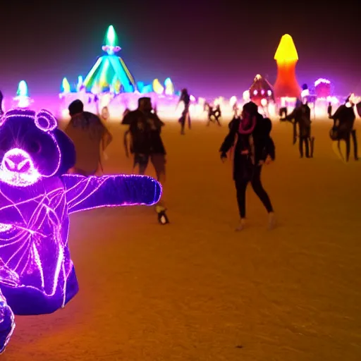 Image similar to a panda wearing led - lined clothing dancing at night on a busy playa at burning man