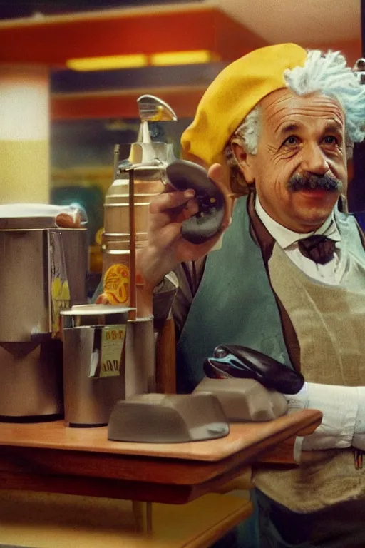 Image similar to intricate color photo of albert einstein, working in mcdonalds serving a customer, 8 k octane beautifully detailed render