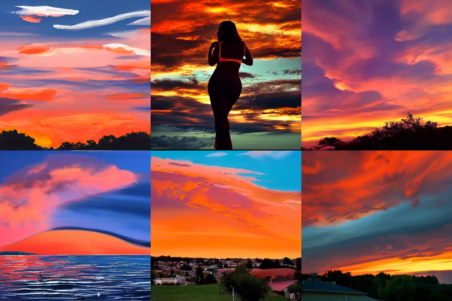 Prompt: painting sky orange clouds at sundown in the shape of beautiful seductive curvy women