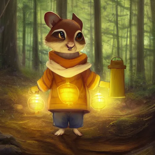 Image similar to concept art painting of an anthropomorphic chipmunk wearing a yellow cloak, holding a lantern, in the deep forest, realistic, detailed, cel shaded, in the style of makoto shinkai and greg rutkowski and james gurney