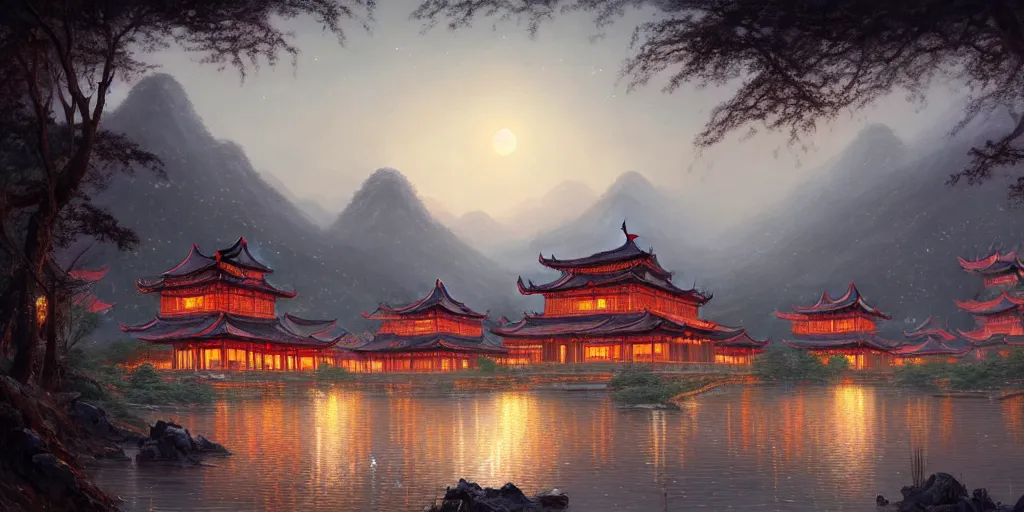 Prompt: a beautiful painting of chinese - style ancient architecture city group built like a forest, in night, bright moonlight and stars, mountains and flowing water in the distance by greg rutkowski and thomas kinkade, trending on artstation h 5 7 6