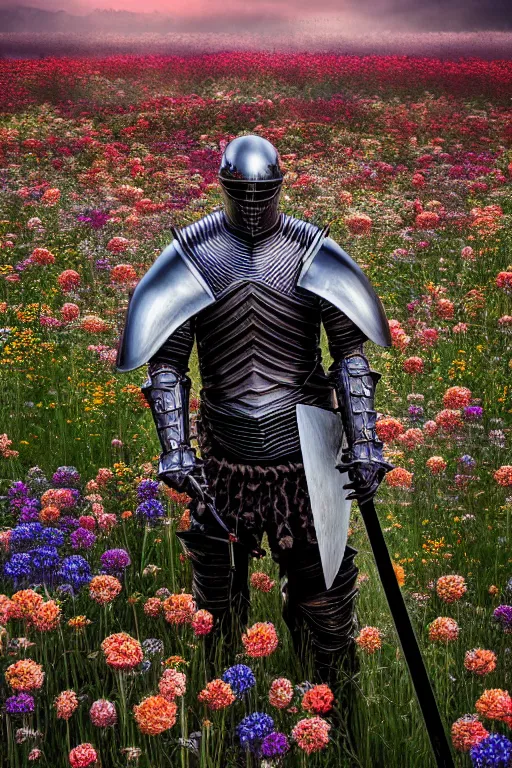 Image similar to hyperrealistic neo - gothic cinematic monster with armor holding sword in a field of flowers, highly detailed smooth digital art masterpiece, vitaly bulgarov dramatic low light, ground angle uhd 8 k, sharp focus