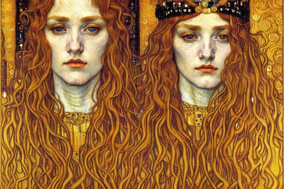 Image similar to detailed realistic beautiful young medieval queen face portrait by jean delville, gustav klimt and vincent van gogh, art nouveau, symbolist, visionary, gothic, pre - raphaelite, muted earthy colors, desaturated