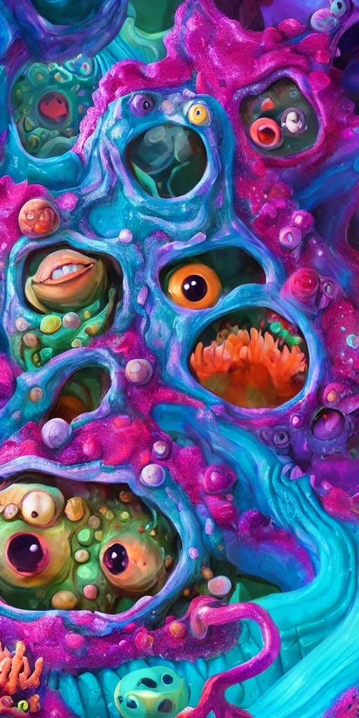 Image similar to of a colorful deep sea cave with strange cute friendly happy creatures with huge eyes, mouth, long tongue and round teeth appearing from sandy coral, in the style of gehry and gaudi, macro lens, shallow depth of field, ultra detailed, digital painting, trending artstation, concept art, illustration, cinematic lighting, photorealism, epic, octane render