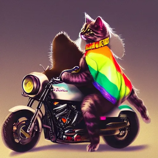 Image similar to wide angle full body, jacket wearing fluffy cute rainbow kitten wearing a black leather motorcycle jacket, riding on a motorcycle, cinematic concept art