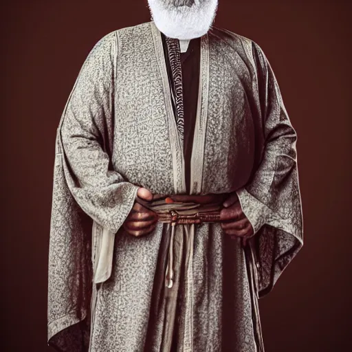 Image similar to middle aged man, dark complexion, well trimmed beard, middle ages middle eastern clothing, portrait full body view, middle easter contemporary artstyle