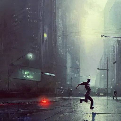 Image similar to people running towards the camera, running from godzilla, chillwave, electronic billboards, tech noir, wet reflections, atmospheric, ambient, livia prima, greg rutkowski, edward hopper, pj crook