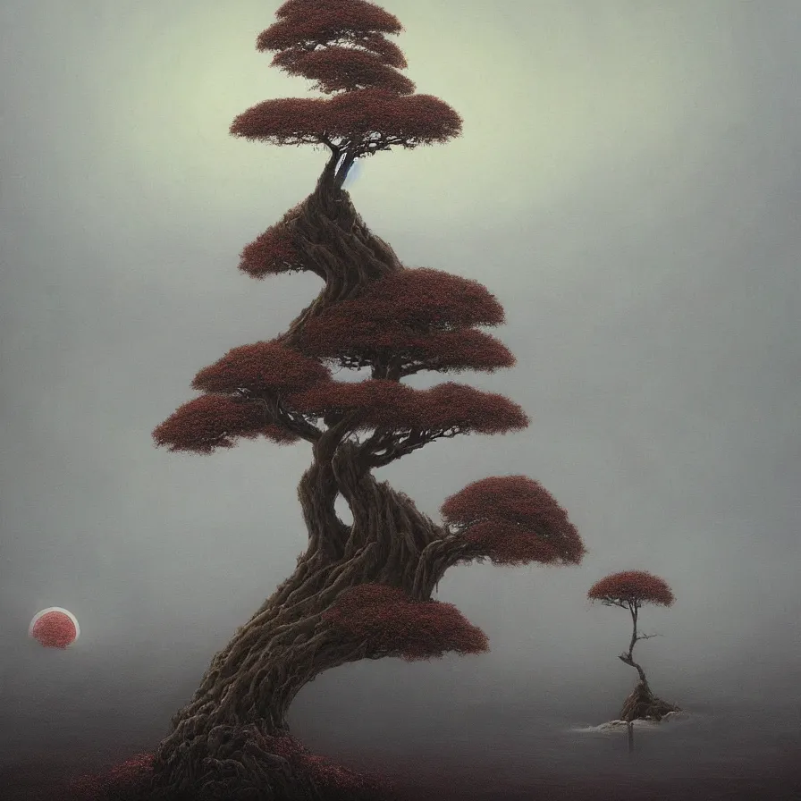 Prompt: dark fantasy oil painting, giant bonsai, big river, bloodmoon, floating mountains, volumetric light, misty, godrays, high details, 8 k, beksinski, strange creatures, eerie