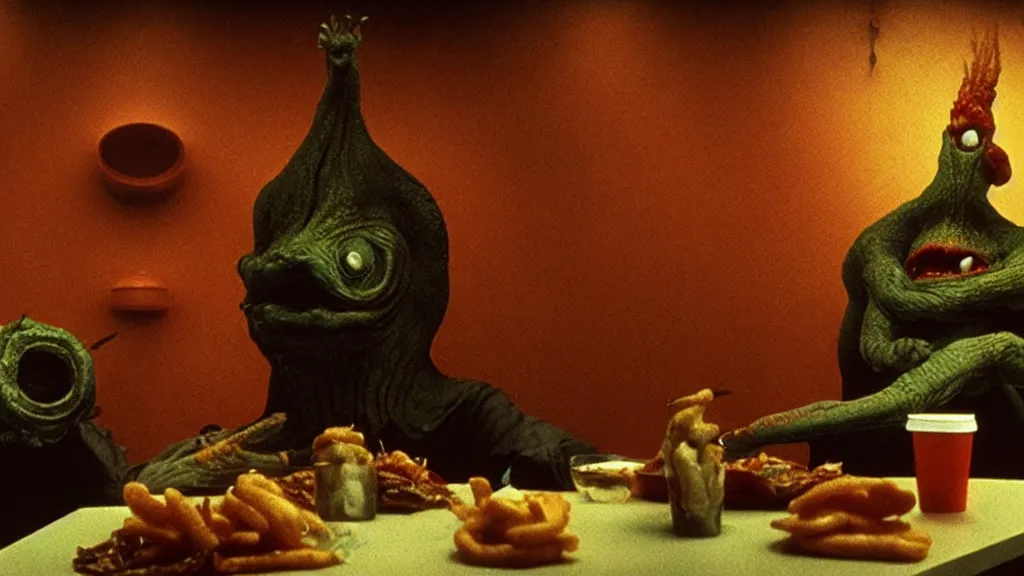 Prompt: the strange creature at the fast food place, film still from the movie directed by denis villeneuve and david cronenberg with art direction by salvador dali and zdzisław beksinski, wide lens