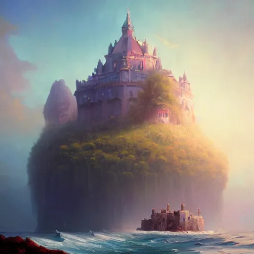 Image similar to ''cinematic shot'' of a floating small island with big castle on top of it made of vegetation made by ivan aivazovsky, peter mohrbacher, greg rutkowski volumetric light effect broad light oil painting painting fantasy art style sci - fi art style realism premium prints available artwork unreal engine
