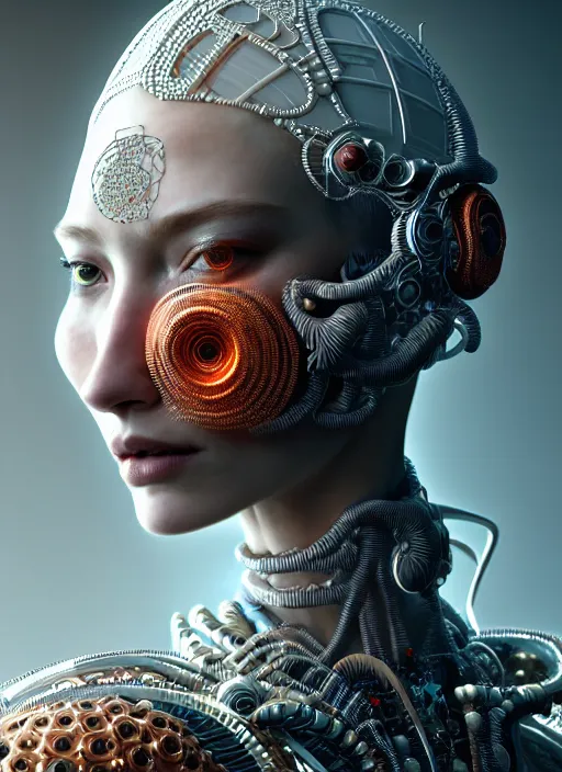 Image similar to portrait of an absurdly beautiful, graceful, sophisticated, fashionable cyberpunk mechanoid, hyperdetailed illustration by irakli nadar and alexandre ferra, intricate linework, white porcelain skin, faberge, coral headdress, unreal engine 5 highly rendered, global illumination, radiant light, detailed and intricate environment