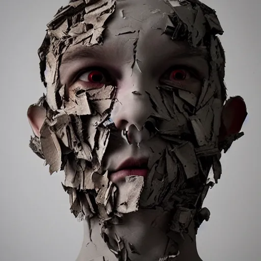 Image similar to surrealism sculpture by enrico ferrarini, human face, torn and ferocious.