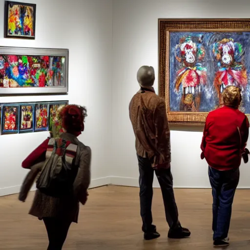 Image similar to clown gallery, photo of clowns in an art gallery looking at artwork of clowns