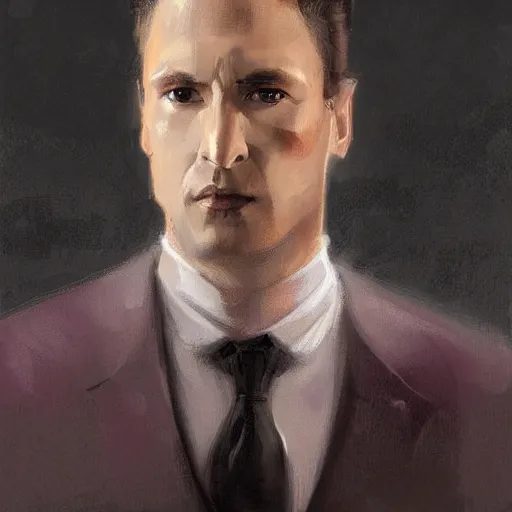 Prompt: Portrait of a man by Greg Rutkowski, he is about 40 years old, mixture between russian and irish, coiffed brown hair, attractive, bright purple eyes, extremely pale white skin, smart looking, he is wearing a black futuristic lawyer outfit, highly detailed portrait, scifi, digital painting, artstation, concept art, smooth, sharp foccus ilustration, Artstation HQ