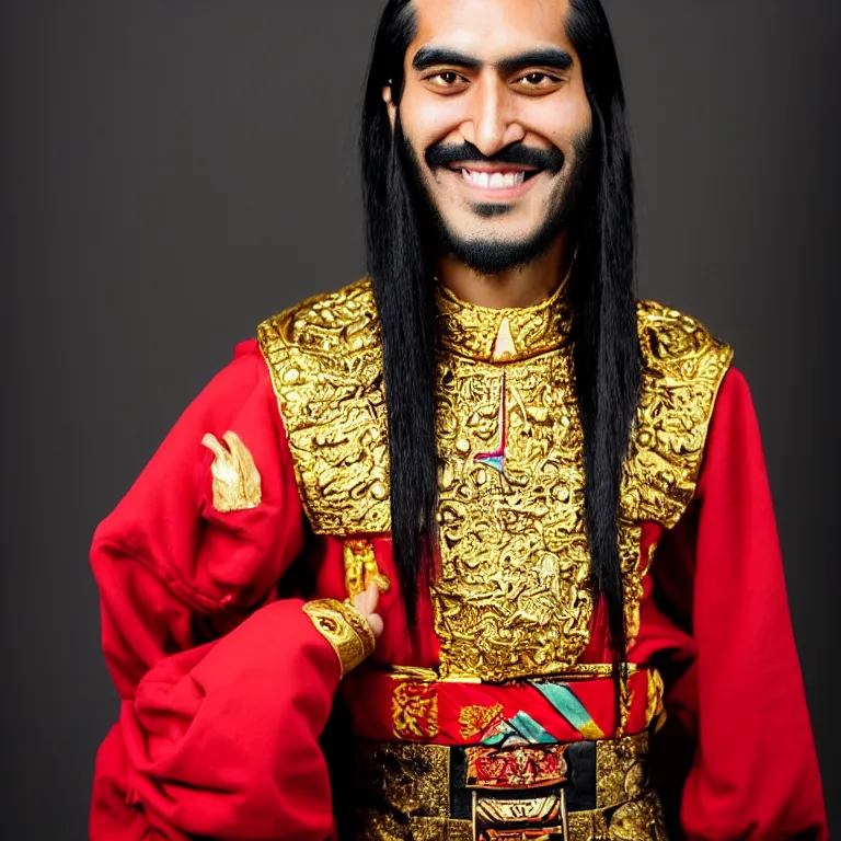 Prompt: A photo of Emperor Kuzco!!!!!!!!!!!!!!!! in his early 20s, peruvian looking, with his long black hair, beardless, smiling with confidence, and wearing!!! his emperor clothes. Portrait by Terry Richardson. Golden hour. 8K. UHD. Bokeh.