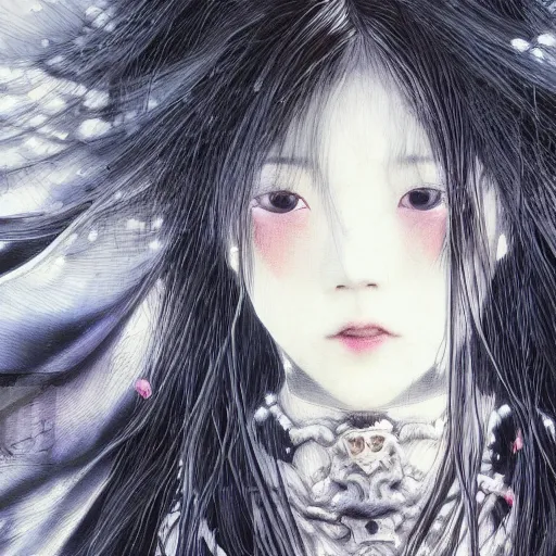 Prompt: yoshitaka amano blurred and dreamy realistic illustration of a japanese young woman with black eyes, wavy white hair fluttering in the wind wearing elden ring armor with engraving, abstract patterns in the background, satoshi kon anime, noisy film grain effect, highly detailed, renaissance oil painting, weird portrait angle, blurred lost edges, three quarter view