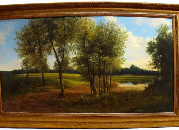 Prompt: Realistic Michigan Oil painting of a Michigan Landscape In the style of The old masters